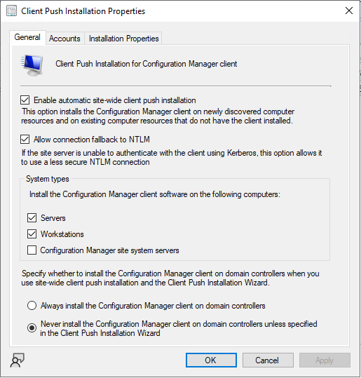 Example of a vulnerable SCCM Client Push configuration:
